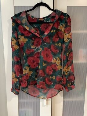Floral Sheer Button Blouse - Red Floral